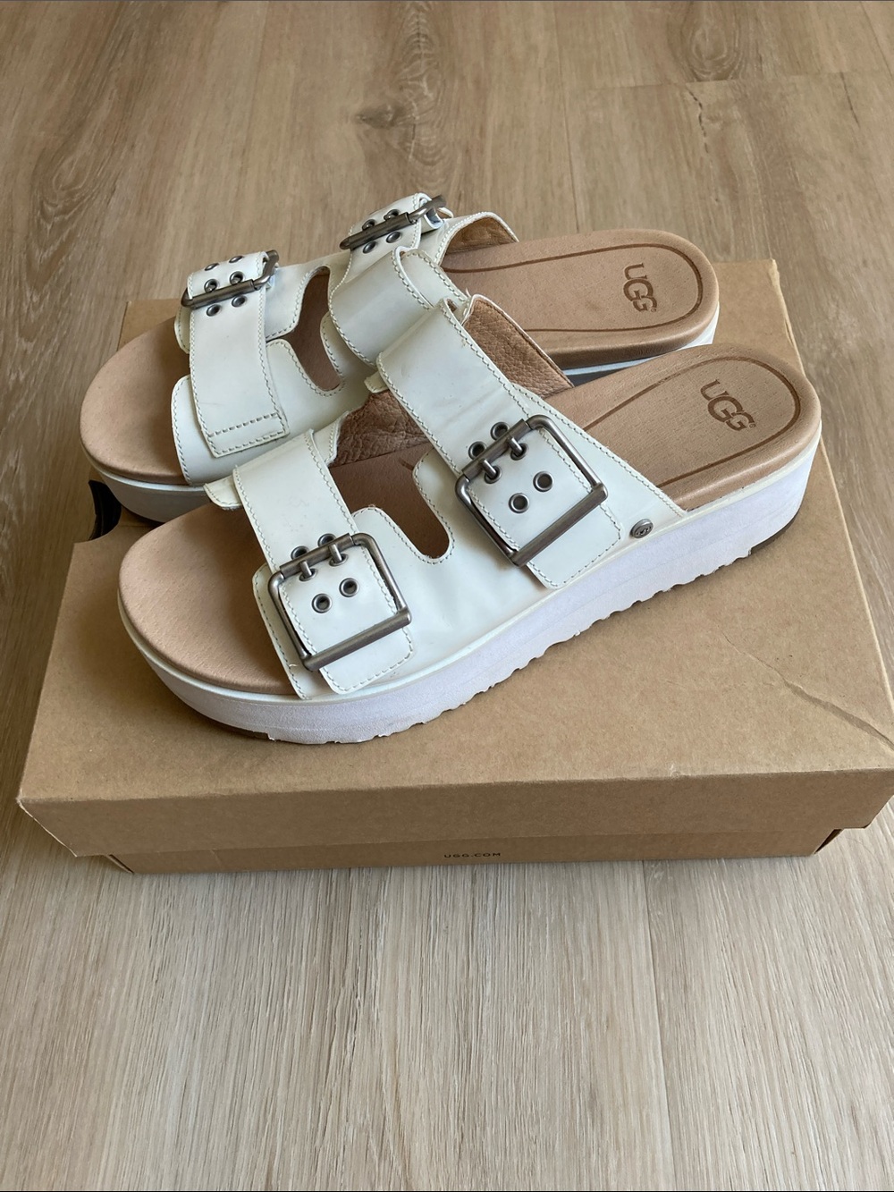 UGG white platform slides